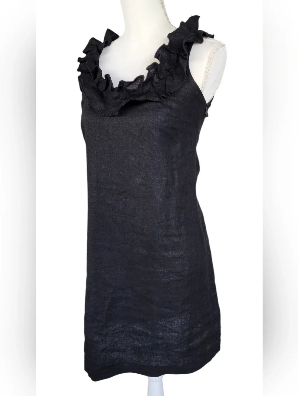 Sara Campbell 100% Linen Black Ruffle-Neck Sleeveless Mini Dress - Picture 3 of 8